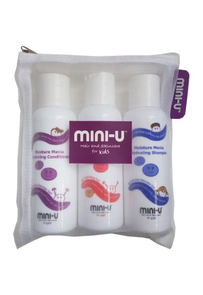 View of three hair styling products for kids in a giftset bag including shampoo and conditioner