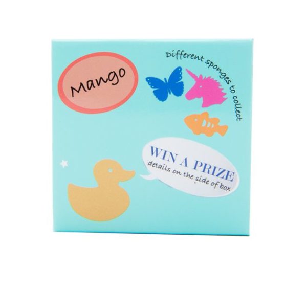 View of a single mango bath bomb for kids product in blue cardboard packaging